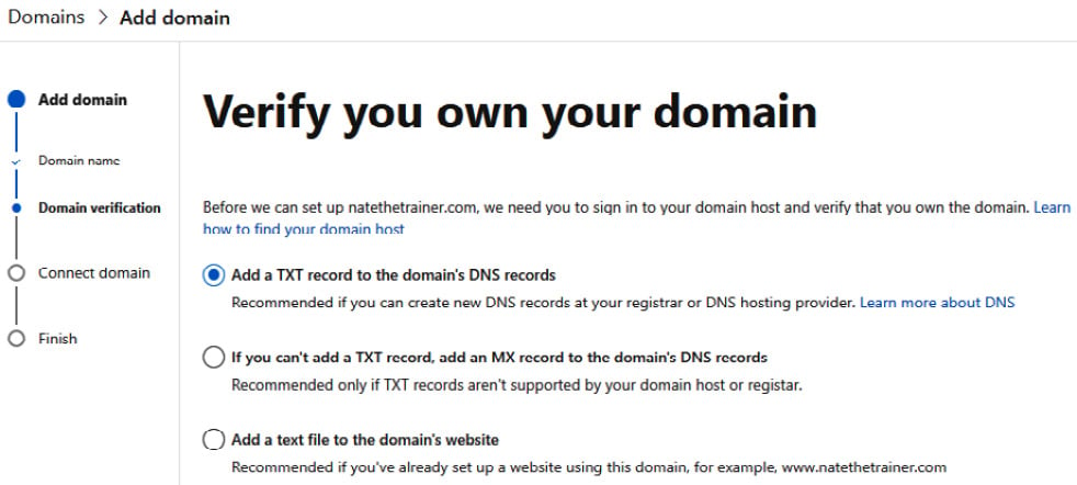 Figure 1.18 – Domain verification steps of adding a domain