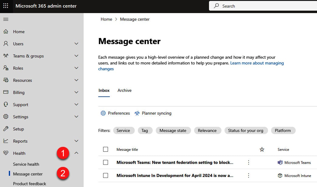 Figure 1.8 – Steps to access the Message center