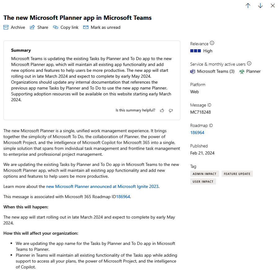 Figure 1.9 – A Message center announcement about Planner and Microsoft Teams