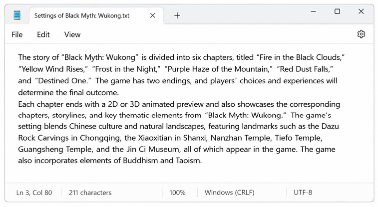 Figure 1.3: A text file in Notepad describes game story chapters and cultural elements in detail