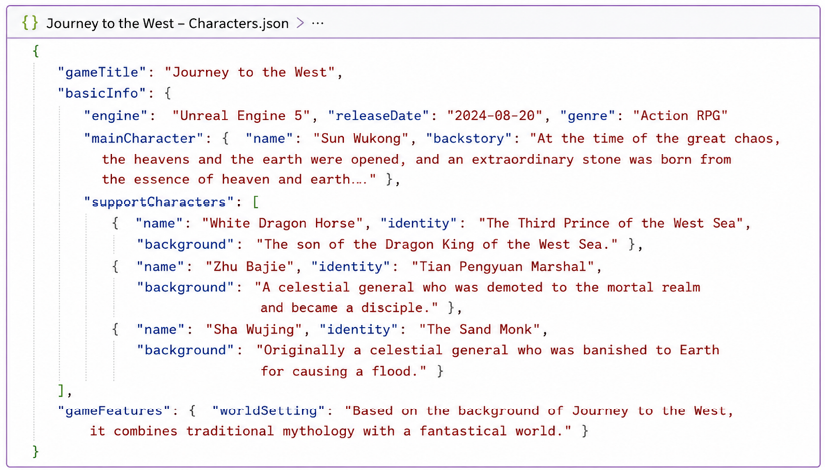 Figure 1.9: A JSON file for a Journey to the West game showing main and support character details