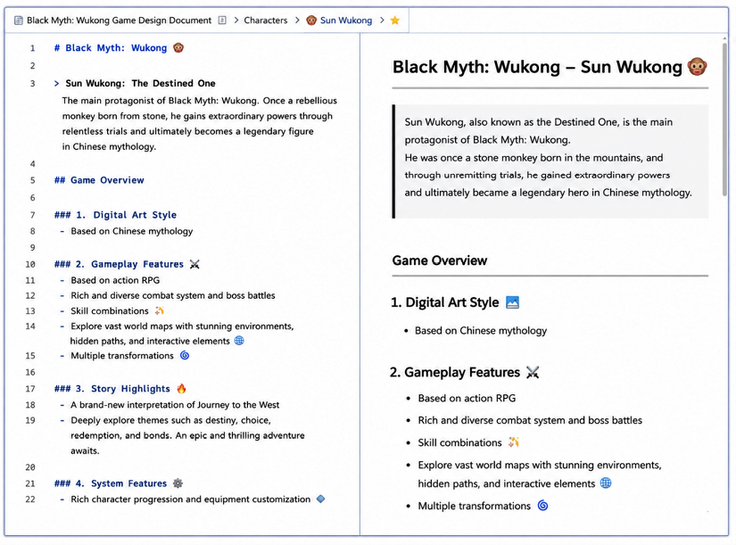 Figure 1.13: A screenshot shows a Markdown editor with game introduction notes and t﻿heir preview