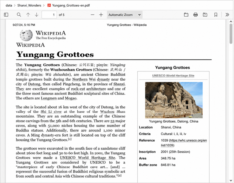 Figure 1.15: Wikipedia page about Yungang Grottoes with a photo of large Buddha statues carved in rock