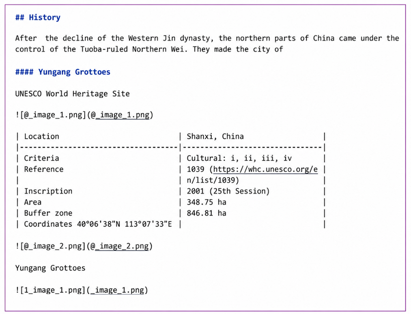 Figure 1.16: Screenshot of a document about Yungang Grottoes listing UNESCO site details in a table