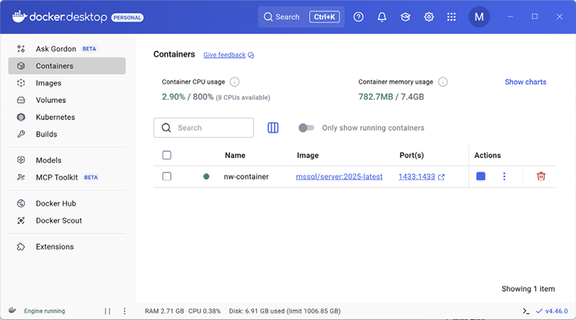 Figure 1.9: SQL Server container running in Docker Desktop on Windows