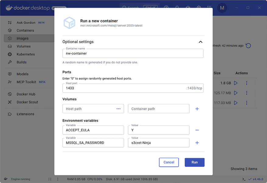 Figure 1.10: Running a conta﻿iner for SQL Server with the user interface