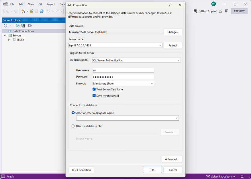 Figure 1.12: Connecting to y﻿our SQL Server in a container from Visual Studio