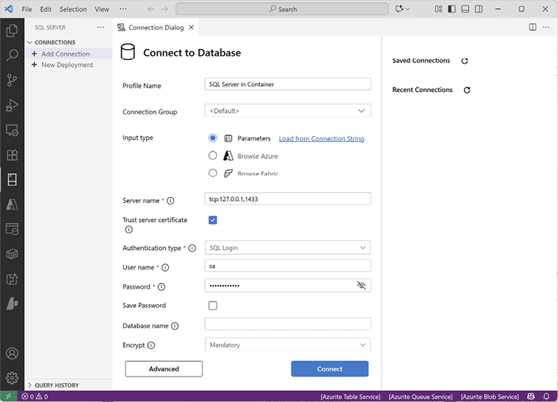 Figure 1.13: Connecting ﻿to your SQL Server in a container ﻿from VS Code