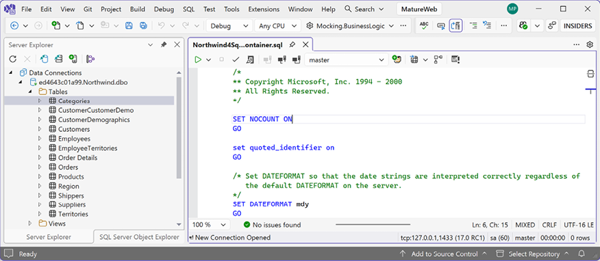 Figure 1.14: Northwind database created by SQL script in Visual Studio Server Explorer