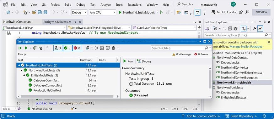 Figure 1.15: Three successful unit tests ran