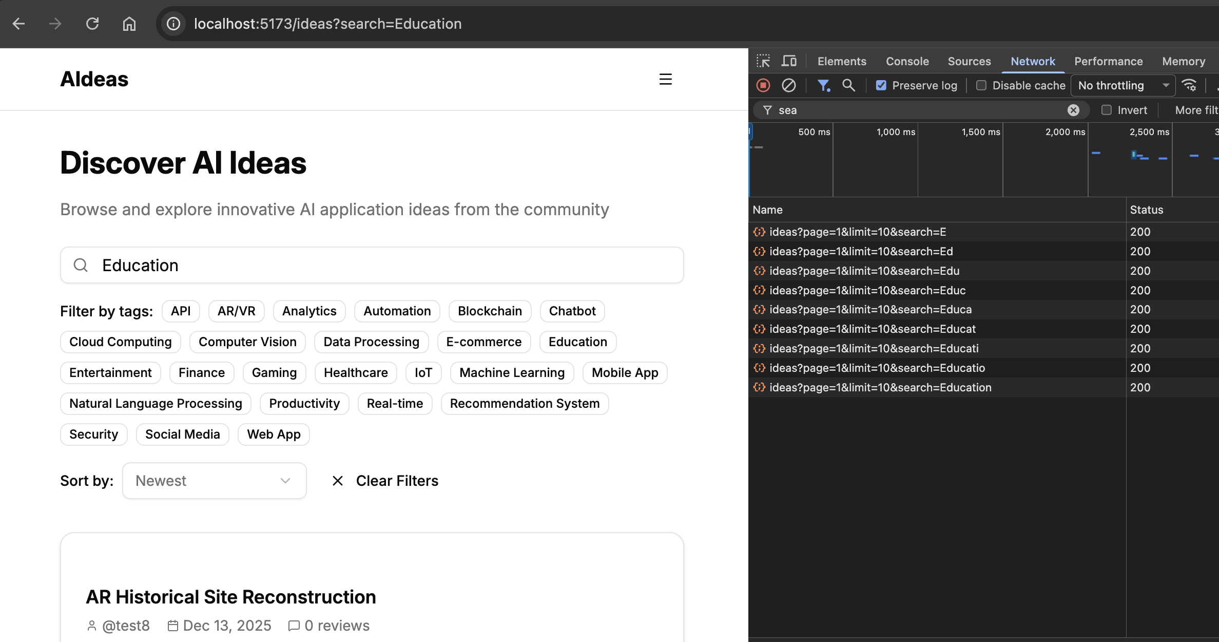 Figure 8.3 – Network requests while typing without debouncing