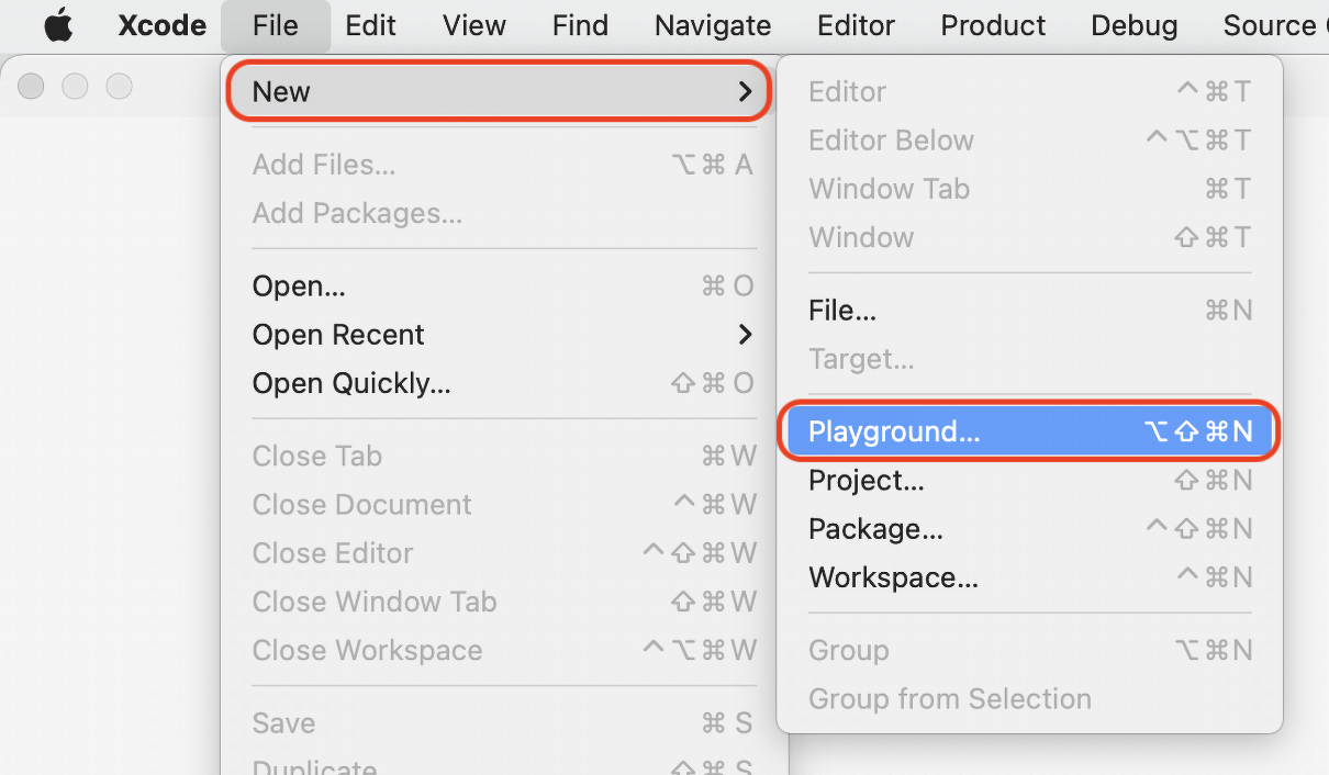 Figure 2.1: Xcode menu bar with File | New | Playground... selected