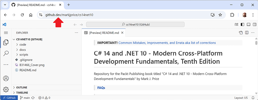 Figure 1.1: GitHub Codespaces viewing the book’s GitHub repository