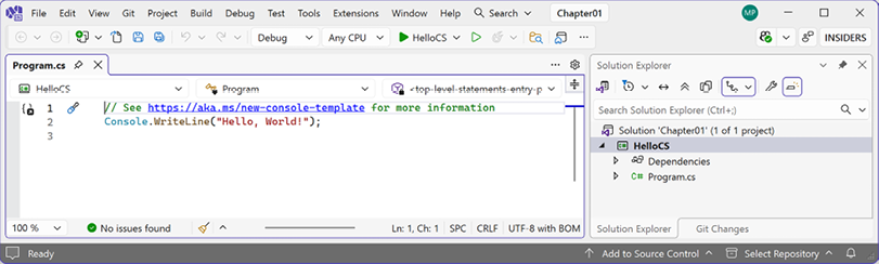 Figure 1.6: Editing Program.cs in Visual Studio