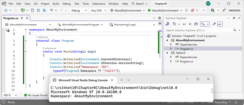 Figure 1.10: Running a console app in a Visual Studio solution with two projects