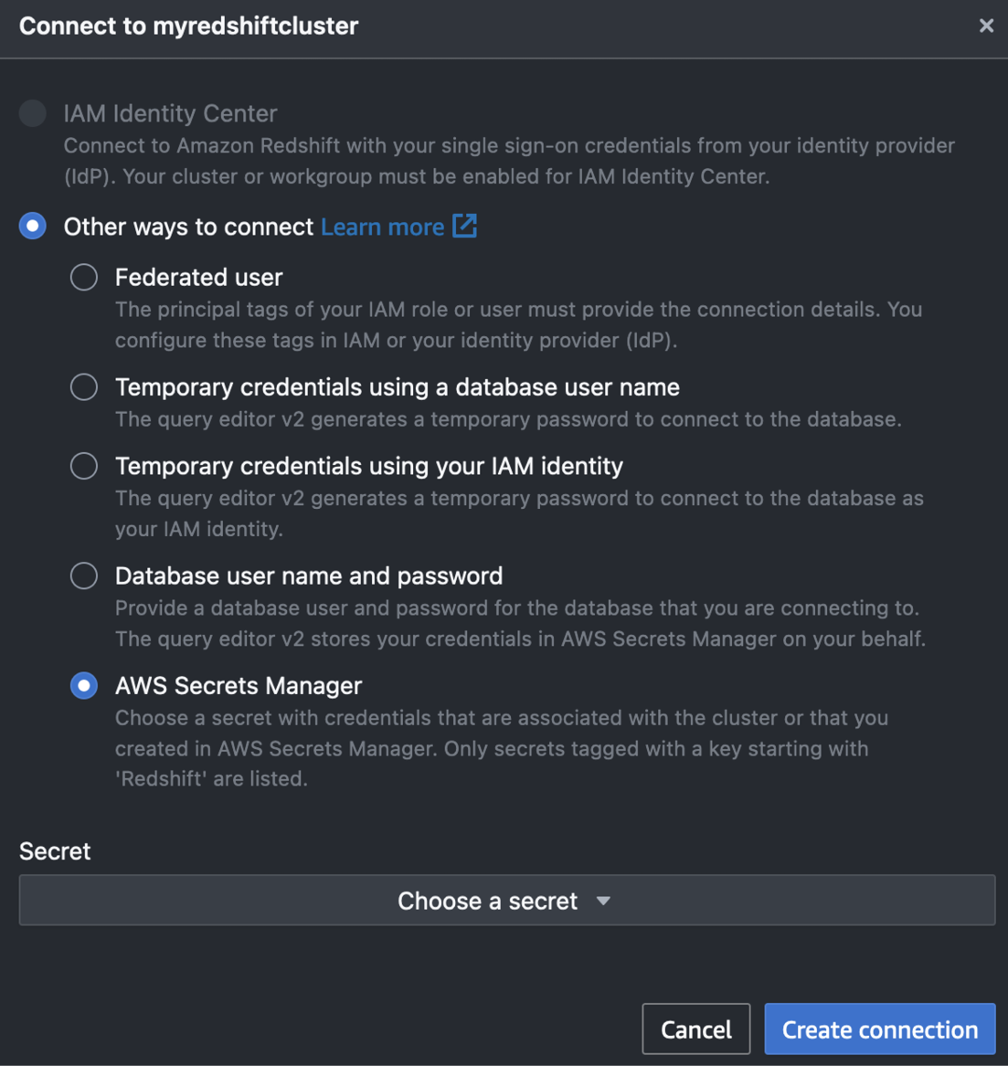 Figure 1.7 – Connection options in query editor v2