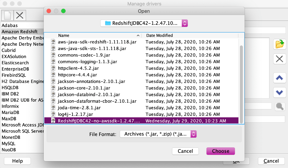 Figure 1.9 – SQL Workbench/J to select Amazon Redshift driver