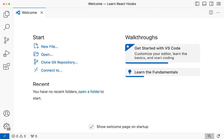 Figure 1.1 – A fresh installation of Visual Studio Code (on macOS)