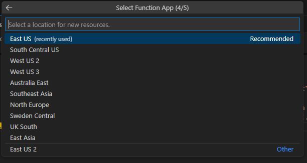 Figure 1.13: Defining the location for the new function app