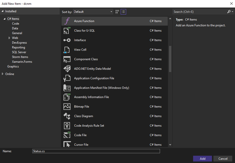 Figure 1.16: Creating a new Azure function for the function app