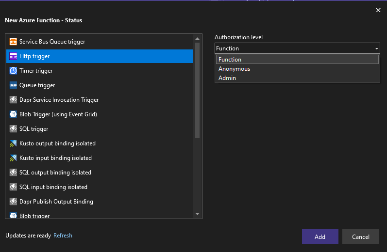 Figure 1.17: Defining the Azure function trigger type