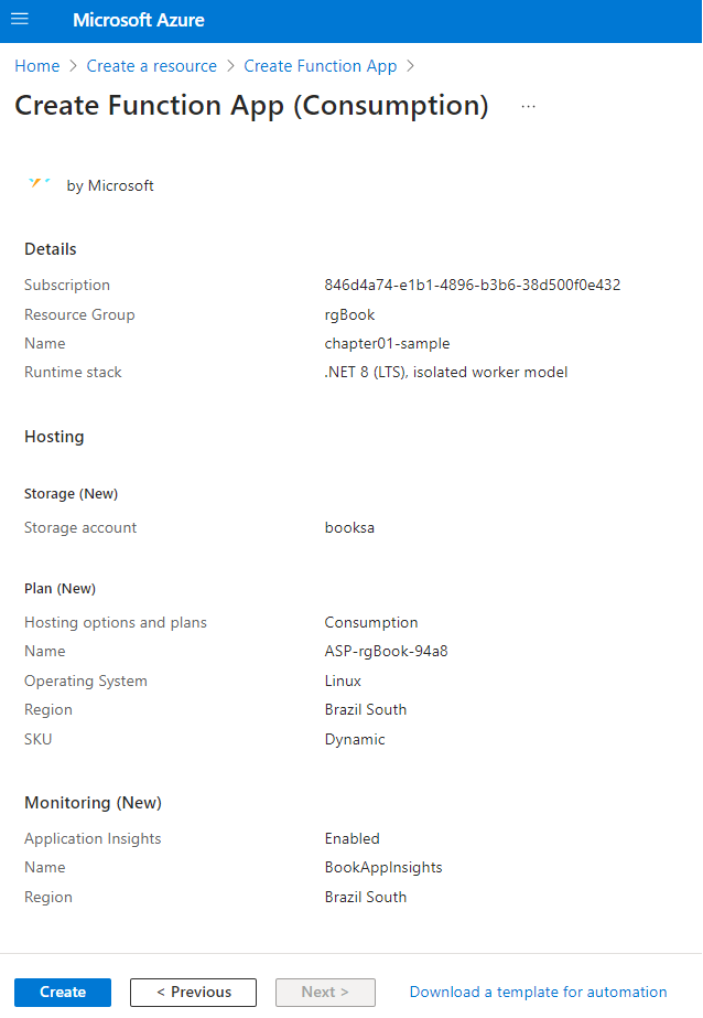 Figure 1.4: Reviewing the function app setup