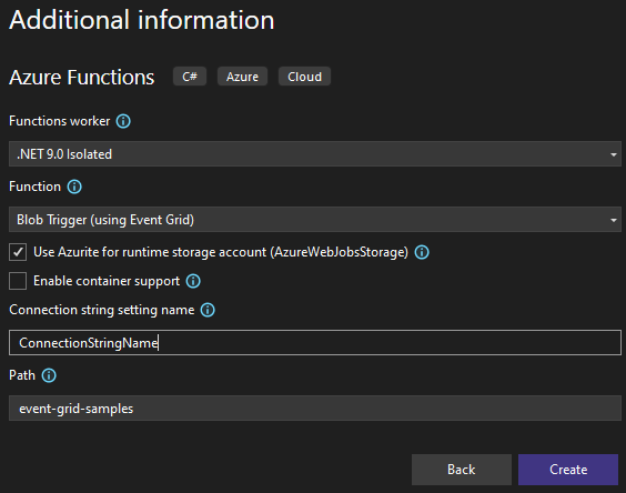 Figure 5.16: Creating a Blob trigger function using Event Grid