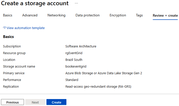 Figure 5.17: Review of the creation of the storage account