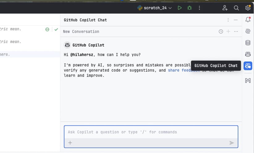 Figure 3.11: GitHub Copilot chat window in PyCharm