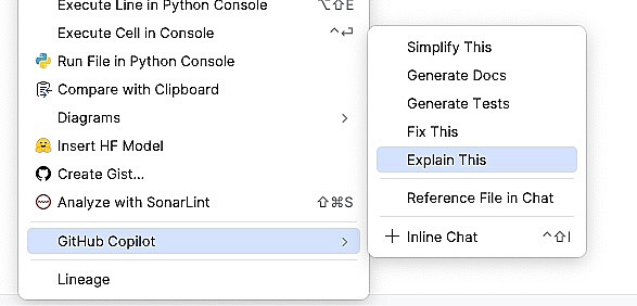 Figure 3.17: Copilot code analysis in PyCharm