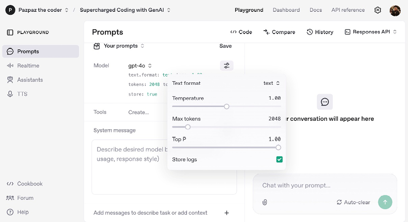 Figure 11.3: Opening screen of the Playground interface for OpenAI