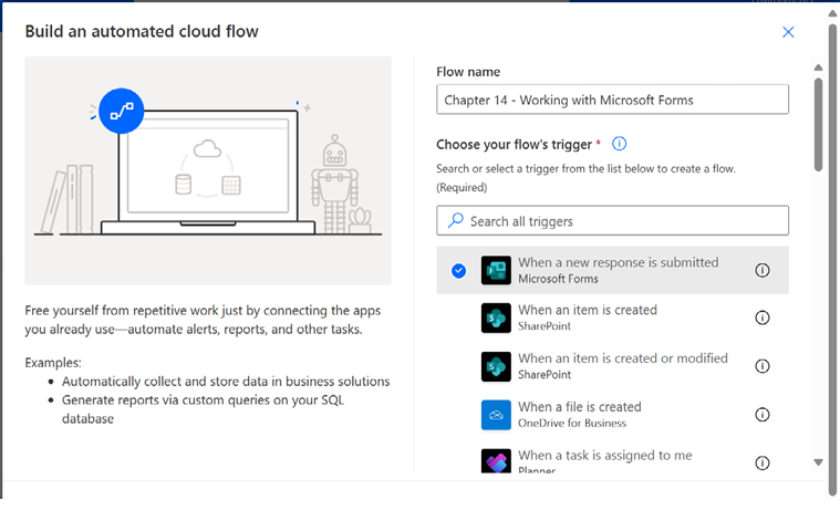 Figure 14.7: Creating a new automated cloud flow with the Forms trigger