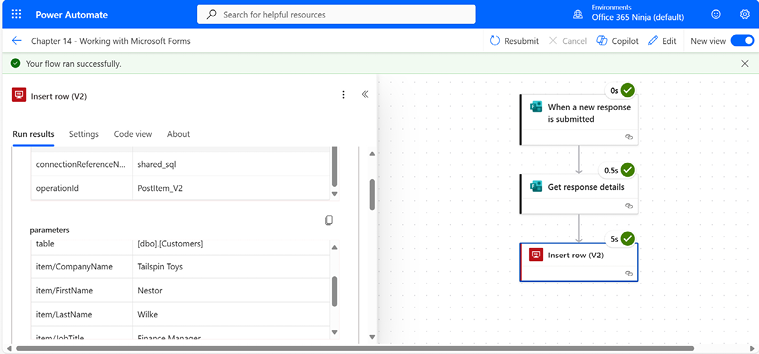 Figure 14.16 – Viewing the run detail for the Insert Row (V2) SQL action