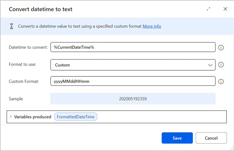 Figure 20.24 – Configuring the convert datetime to text action