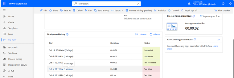 Figure 26.1 – Reviewing the run history for a flow
