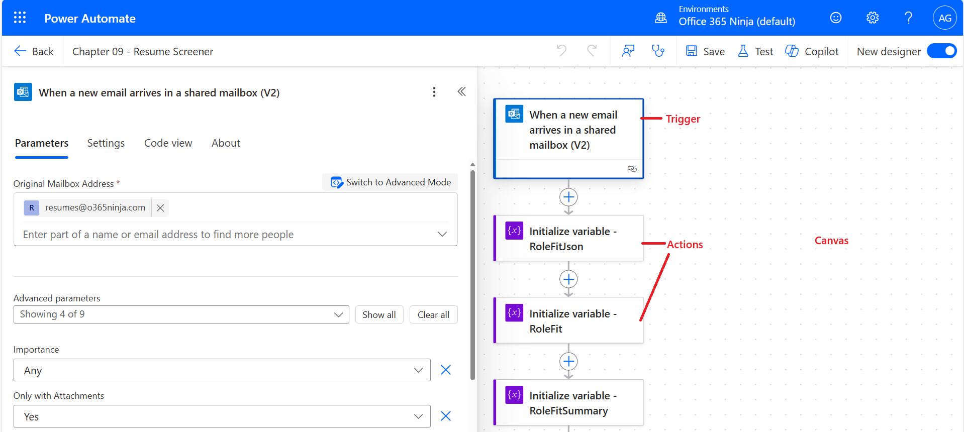 Figure 2.6 – Exploring the Power Automate design canvas