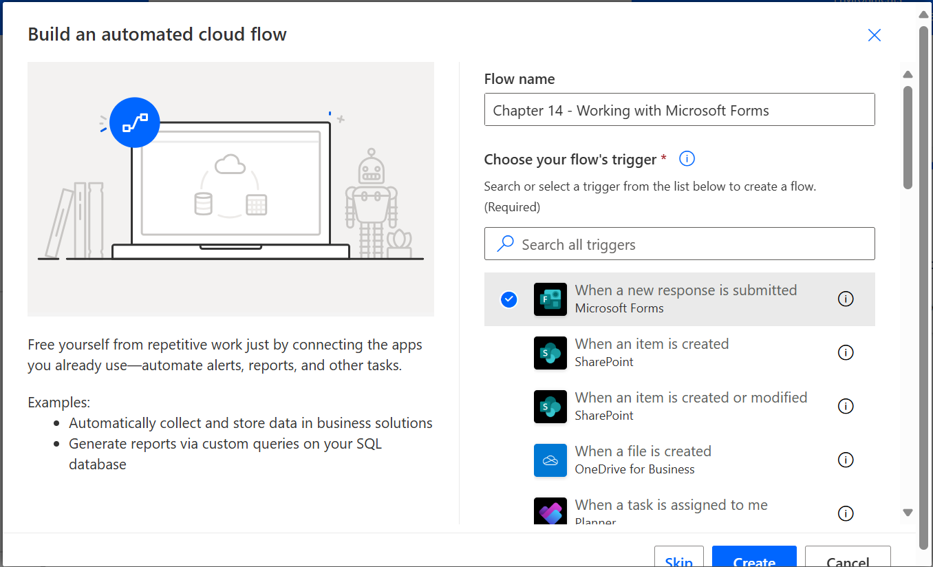 Figure 14.7: Creating a new automated cloud flow with the Forms trigger