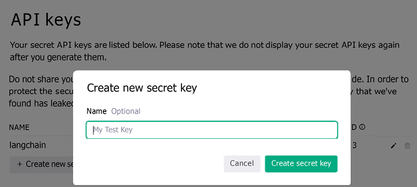 Figure A.1: OpenAI API platform – Create new secret key