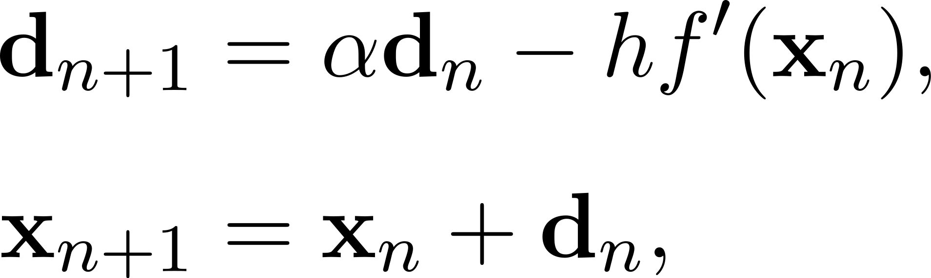 dn+1 = αdn − hf ′(xn), xn+1 = xn + dn, 