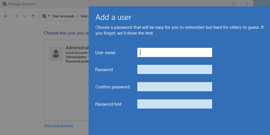 Figure 1.15: Adding a user account via Control Panel