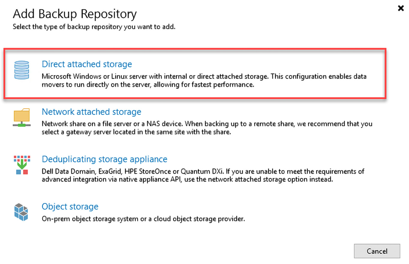 Figure 2.11 – The Add Backup Repository wizard and selecting Direct attached storage