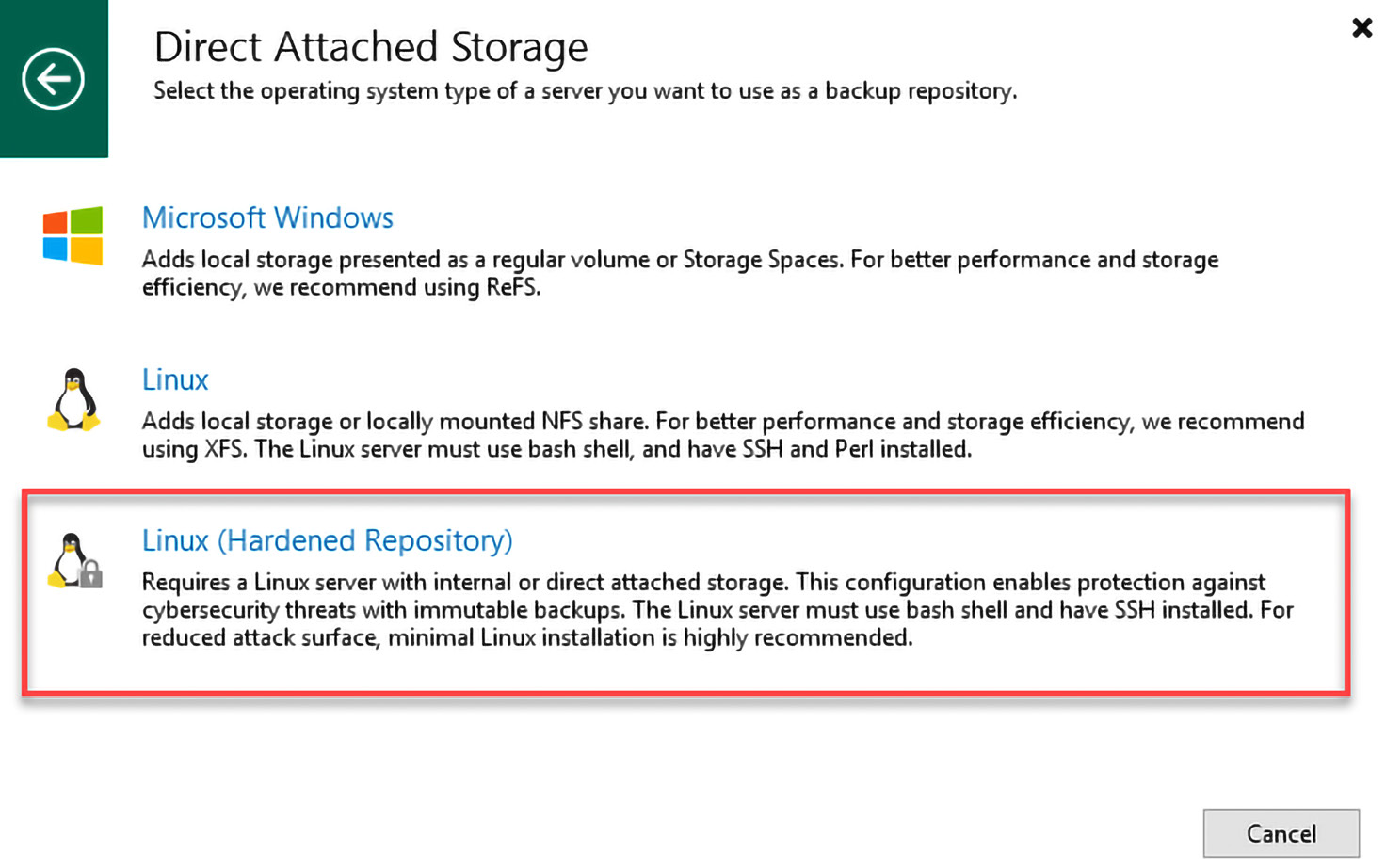 Figure 2.12 – The Linux (Hardened Repository) option directly in the wizard