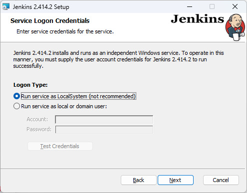 Figure 15.4 – Select LocalSystem for this example. In the real world, the IT DevOps team would install an admin domain user account for security