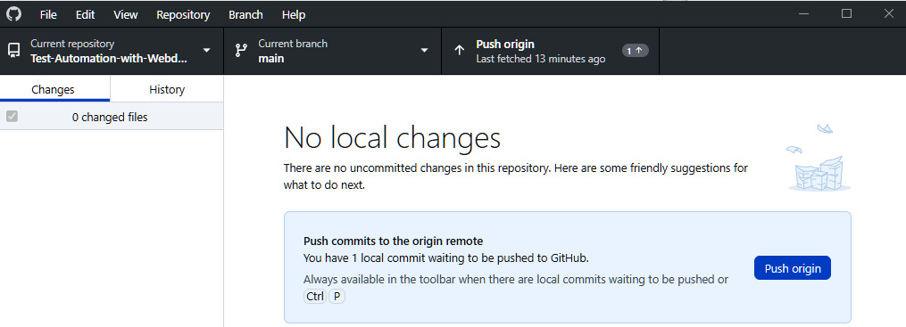 Figure 2.24 – GitHub Desktop shows that all changes have been committed and suggests pushing any new changes