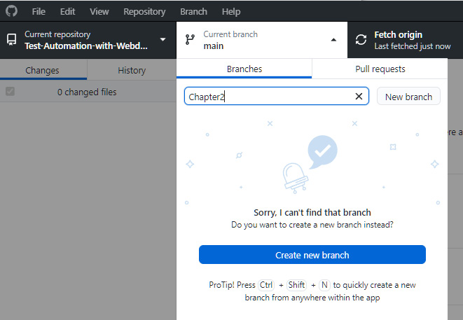 Figure 2.25 – Adding a new branch in GitHub Desktop from main