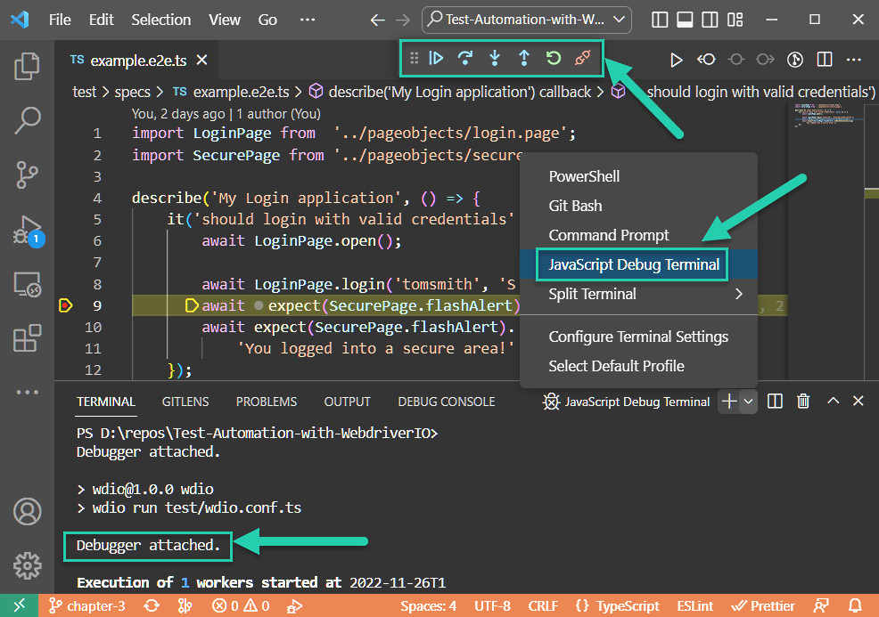 Figure 3.4 – VS Code debugging controls and shell terminals on Windows