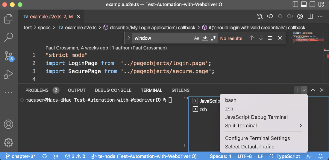 Figure 3.5 – VS Code debugging controls and shell Terminals on Mac