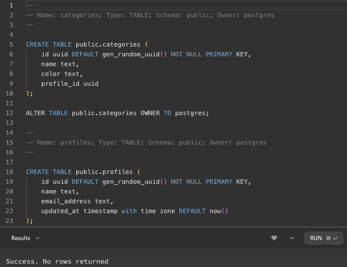 Figure 7.2 – Success message after running the example-structure.sql script