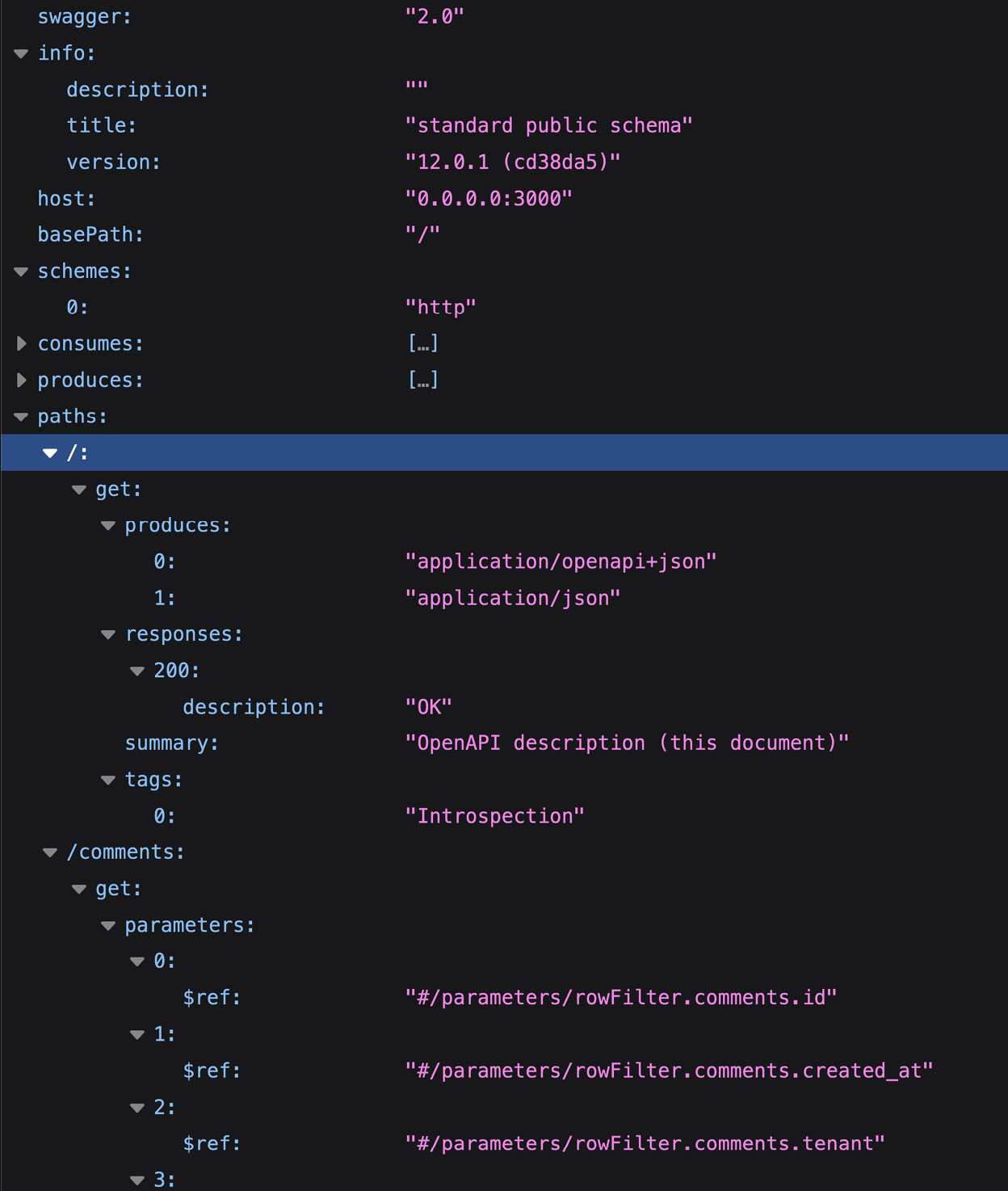 Figure 12.2: A small extract of the PostgREST OpenAPI introspection