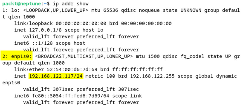 Figure 7.7 – Retrieving the current IP addresses with the ip command